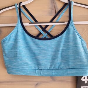 NWT FourLaps Vitality Sports Bra River Blue Space Dye, Navy Trim size S